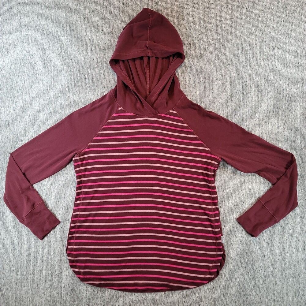 Womens Maroon Burgundy Pink Striped Lightweight Cotton T-Shirt Pullover Hoodie L